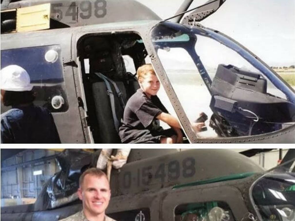 A boy in a plane and himself 20 years later in the same plane.