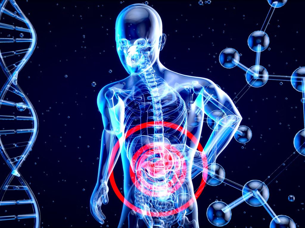 An X-ray view of a person with abdominal pain