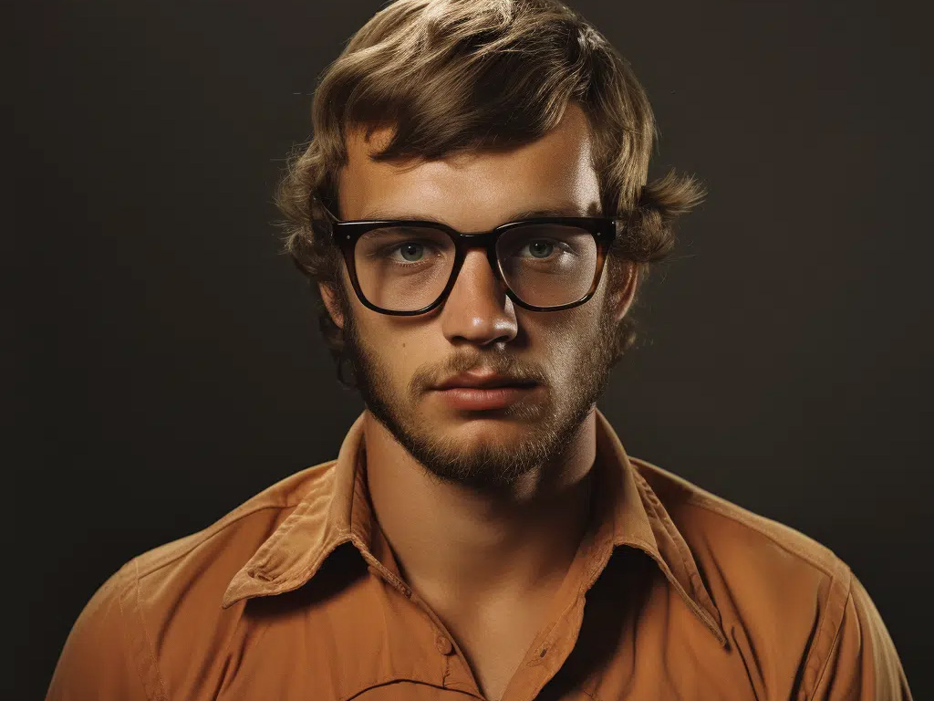 An artist’s rendition of David Dahmer as he appeared in the 80s, wearing glasses and an orange collared shirt.