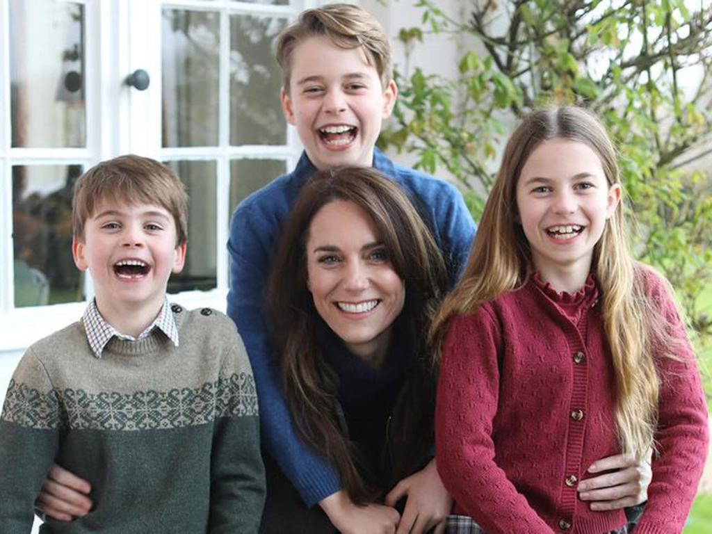 Kate Middleton and her three children in what appears to be a digitally altered photo.