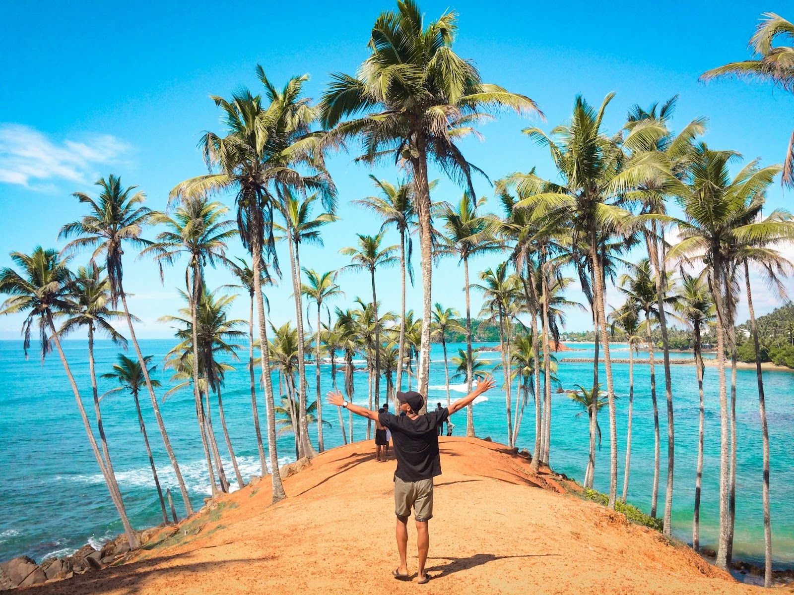 A man on a beach surrounded by palm trees