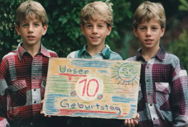 Three triplets in their annual birthday photo