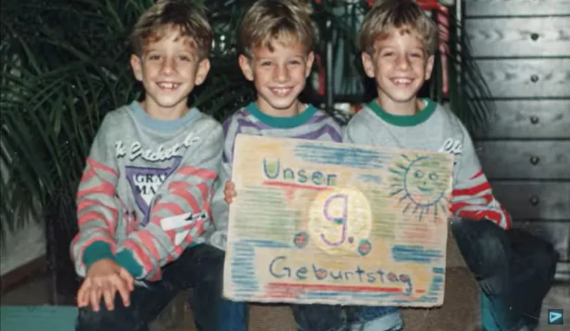 Three triplets in their annual birthday photo