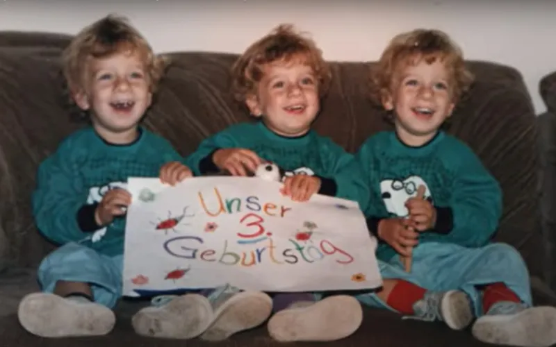 Three triplets in their annual birthday photo