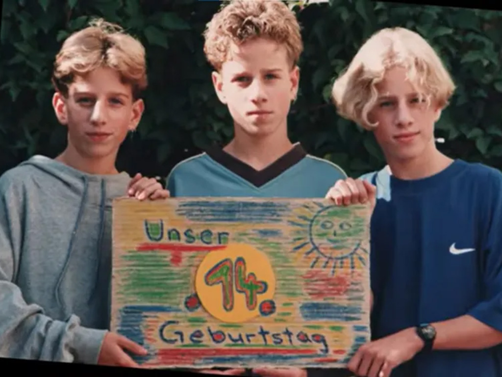 Three triplets in their annual birthday photo