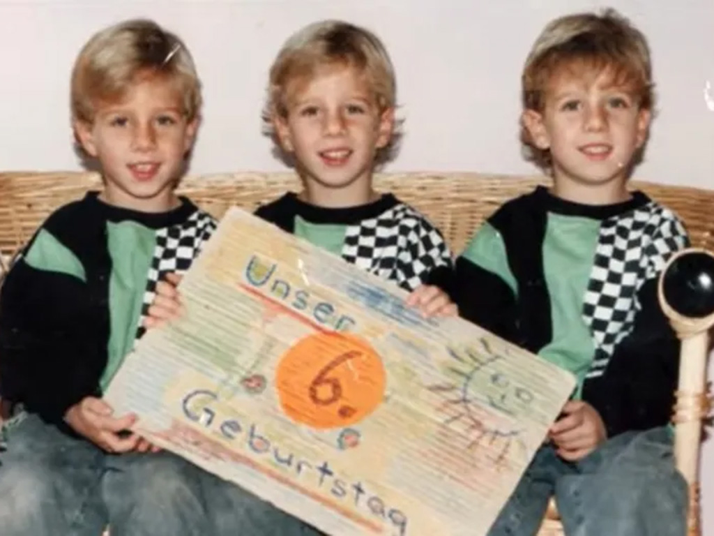 Three triplets in their annual birthday photo