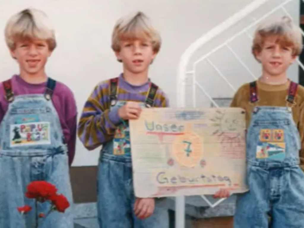 Three triplets in their annual birthday photo