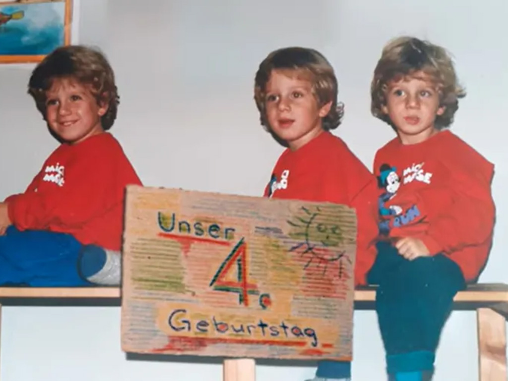 Three triplets in their annual birthday photo