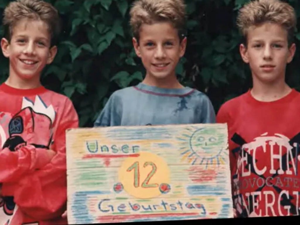 Three triplets in their annual birthday photo