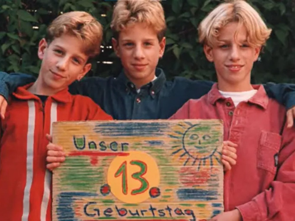 Three triplets in their annual birthday photo