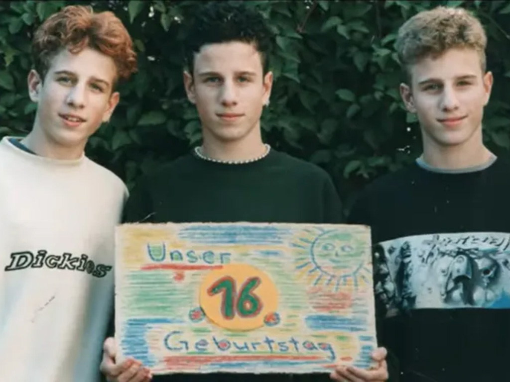 Three triplets in their annual birthday photo