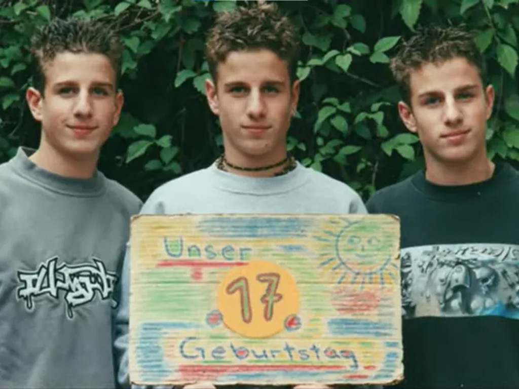 Three triplets in their annual birthday photo