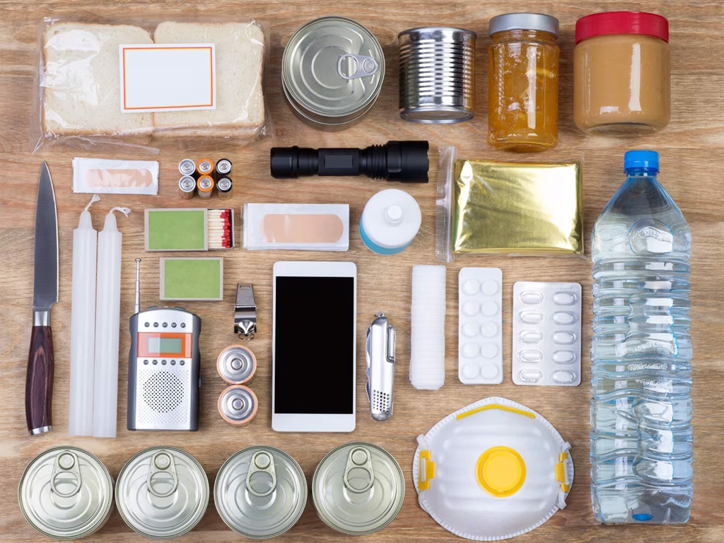 A table with emergency supplies on it.