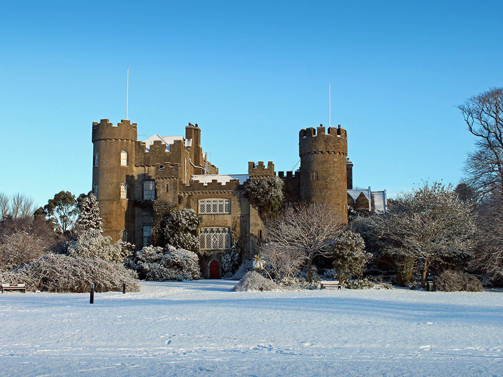 Malahide Castle in County Dublin, snow covered.