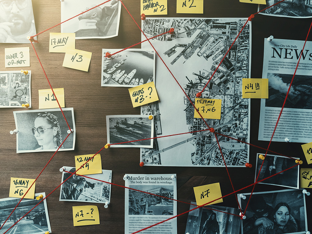 Detective board with photos of suspected criminals, crime scenes and evidence with red threads, retro toned