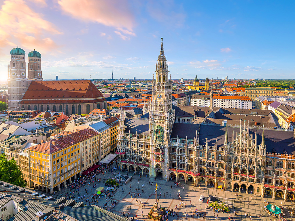 Munich skyline with Marienplatz town hall in Germany
