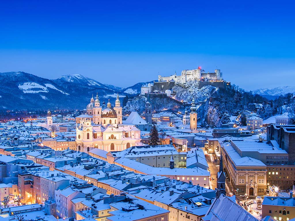 Beautiful view of the historic city of Salzburg with Festung Hohensalzburg in winter, Salzburger Land, Austria
