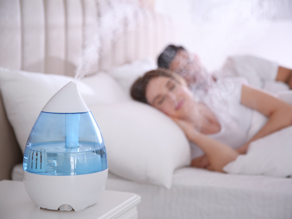 A couple sleeping behind a humidifier 