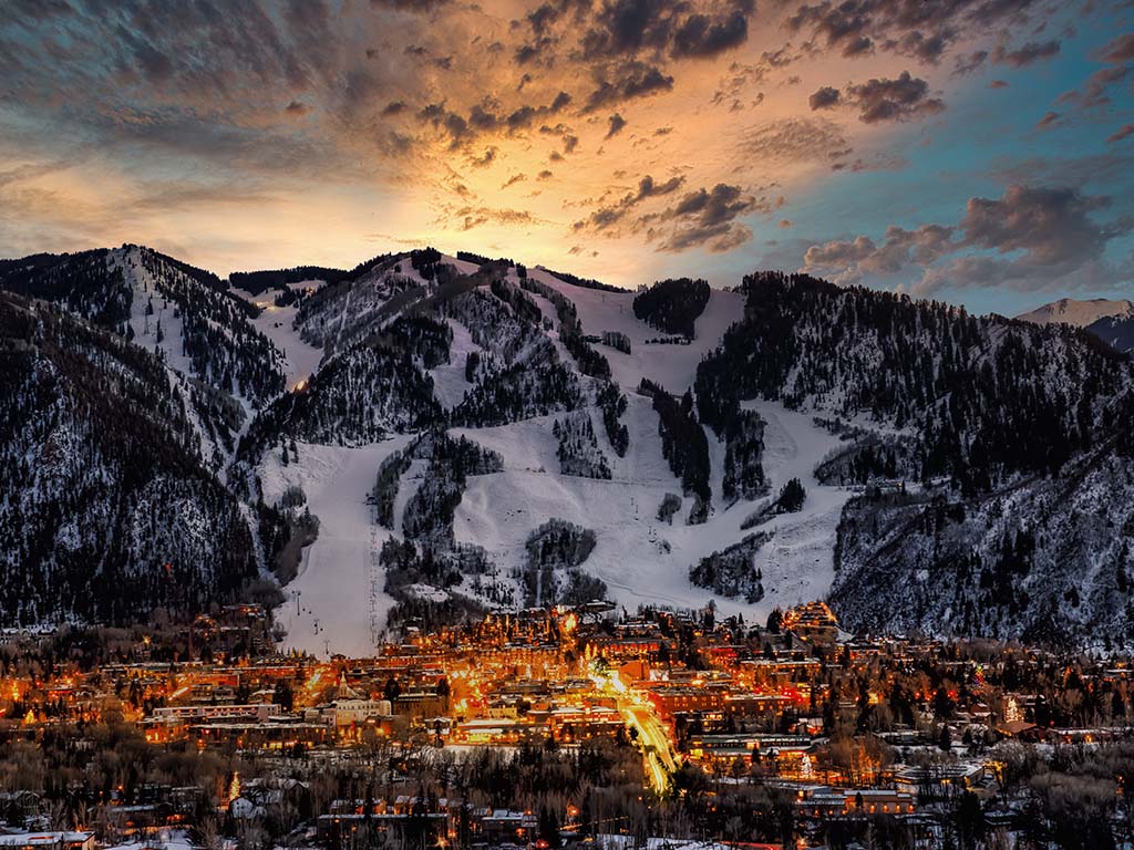 Aspen city skyline with dramatic sunset
