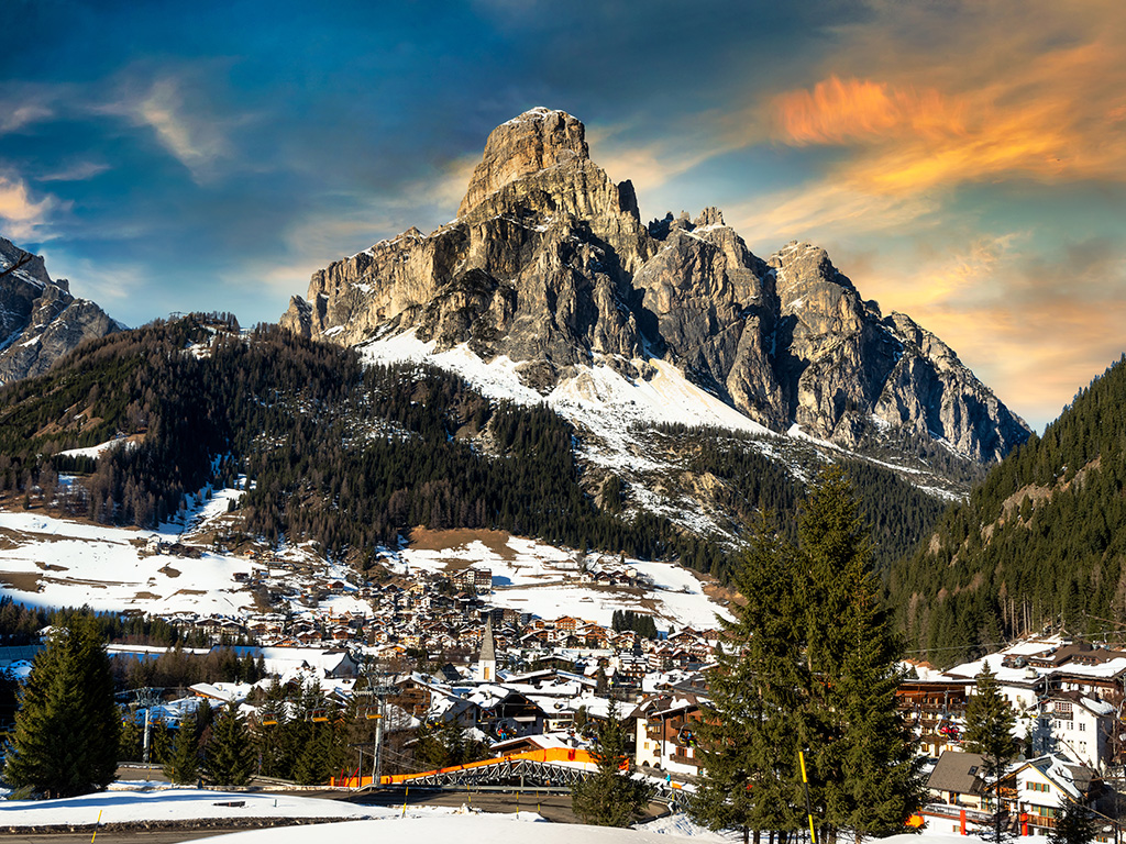 Ski Resort of Corvara on a sunny day, Alta Badia, Dolomites Alps, Italy
