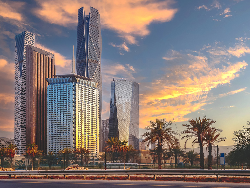 Sunset over large buildings equipped with the latest technology, King Abdullah Financial District, in the capital, Riyadh, Saudi Arabia