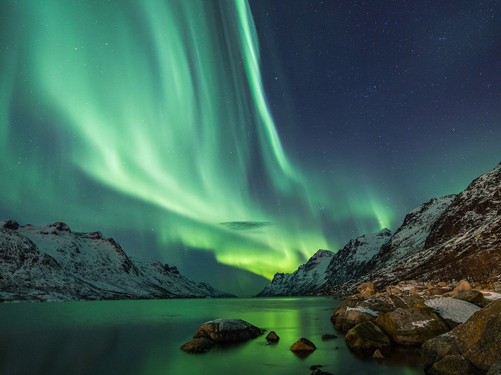 Northern Lights above waters edge