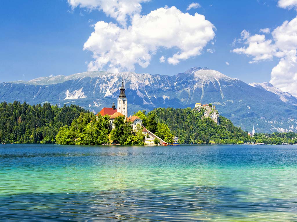 Bled with lake, island and mountains in background, Slovenia, Europe
