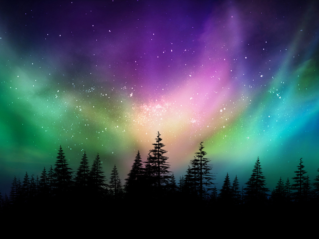 Multicolored northern lights (Aurora borealis) on Canadian forest