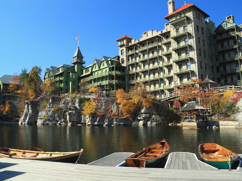 A dock full of rowboats on Mohonk Lake at the Mohonk Mountain House resort in the Shawangunk Mountains of New York
