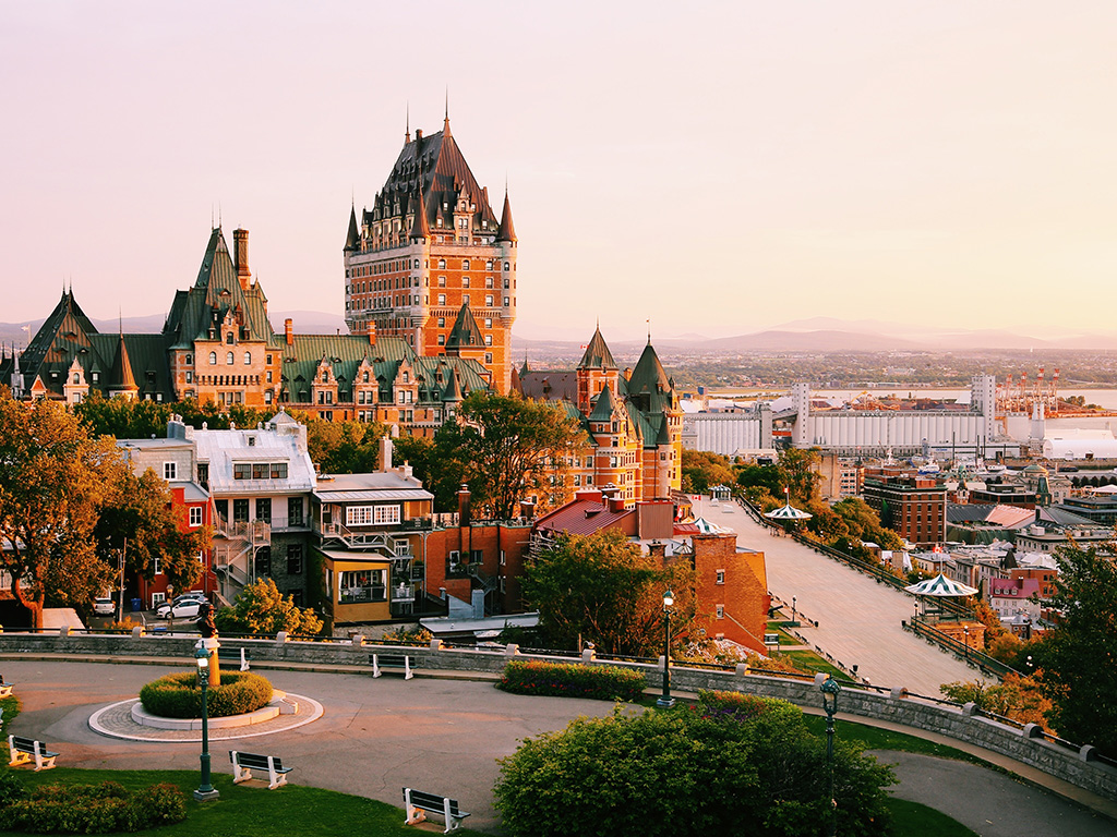 Frontenac Castle in Old Quebec City in the beautiful sunrise light.
