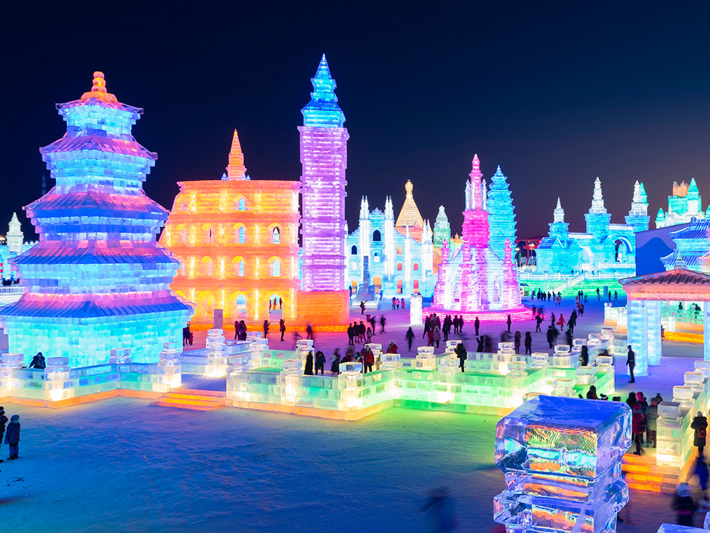 Harbin, China - December 28, 2018: Harbin Ice and Snow World. People are visiting. Located in Harbin, Heilongjiang, China.
