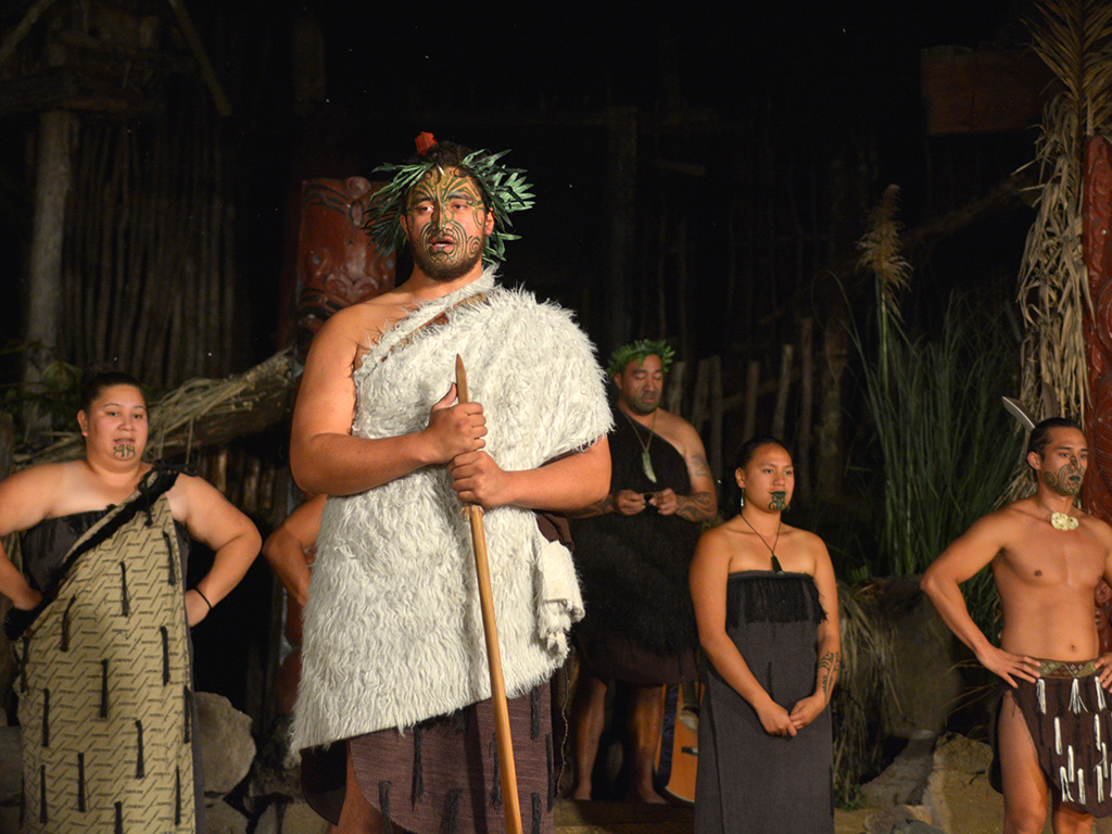 Maori tribal chief and people in Maori village