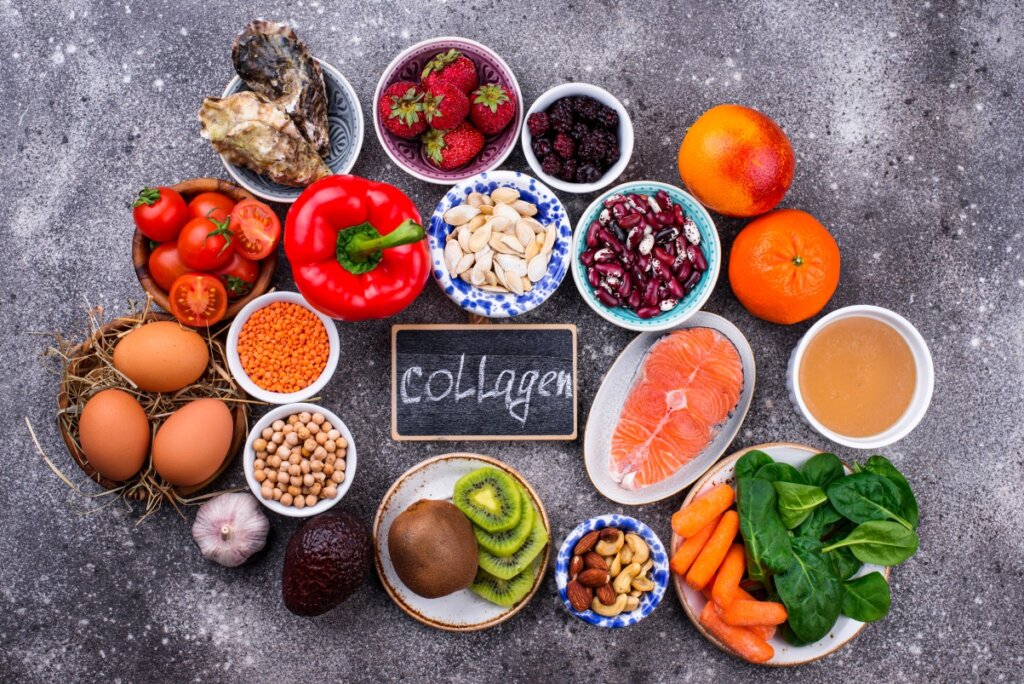 Food surrounding a chalk board that says "collagen" 