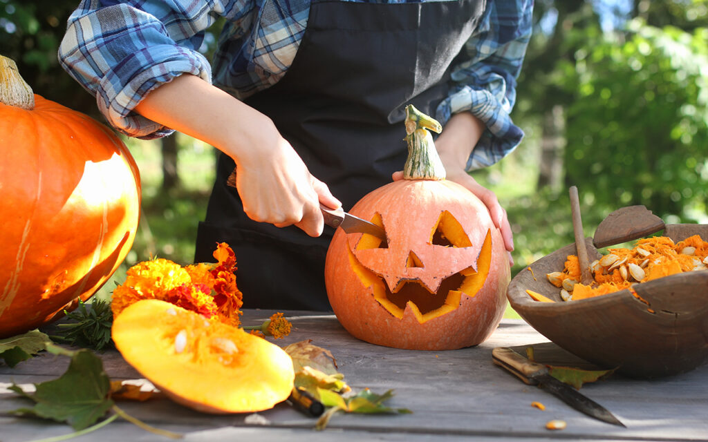 Pumpkin carving outdoors