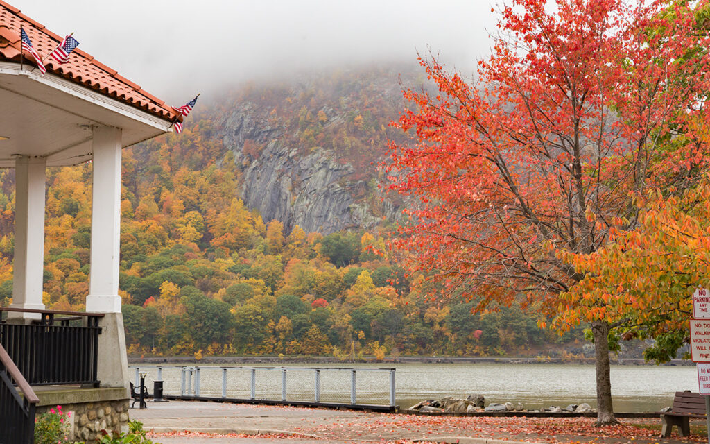 The waterfront with a partial view of the gazebo and the Hudson River in Cold Spring, NY.