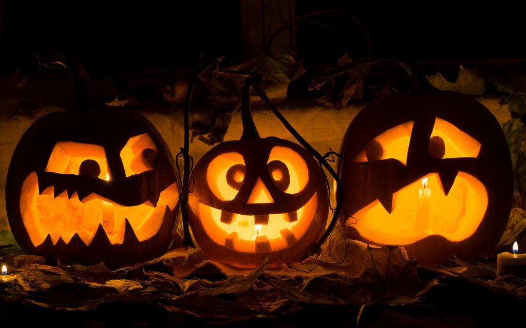 Carved pumpkins lit up for Halloween