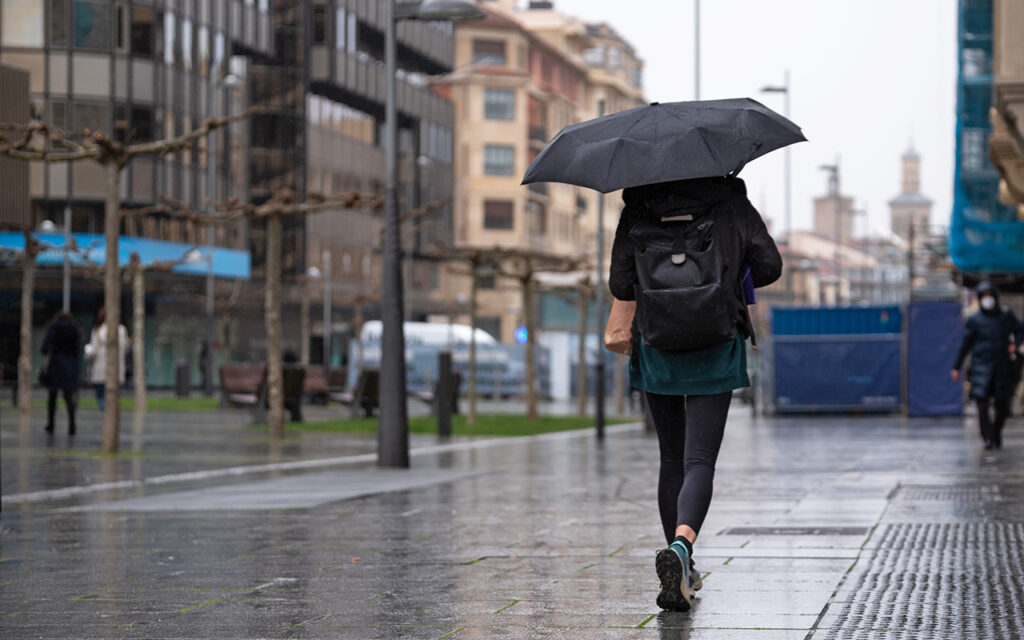 Woman walking in the rain holding an umbrella 